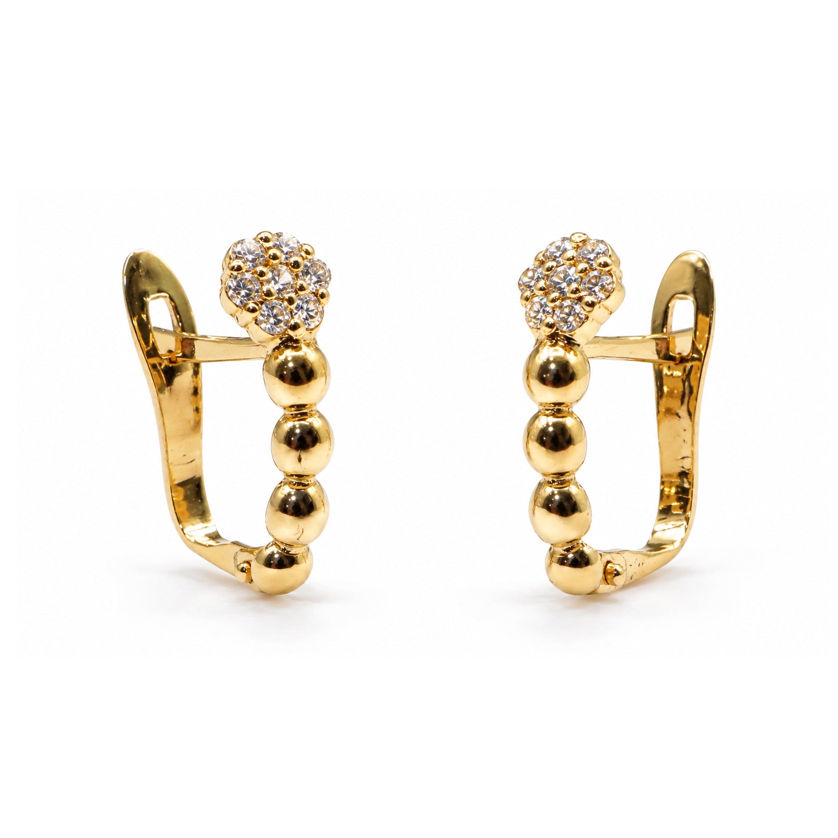 Pareja de pendientes de oro 18k con rosetón y bolas laterales