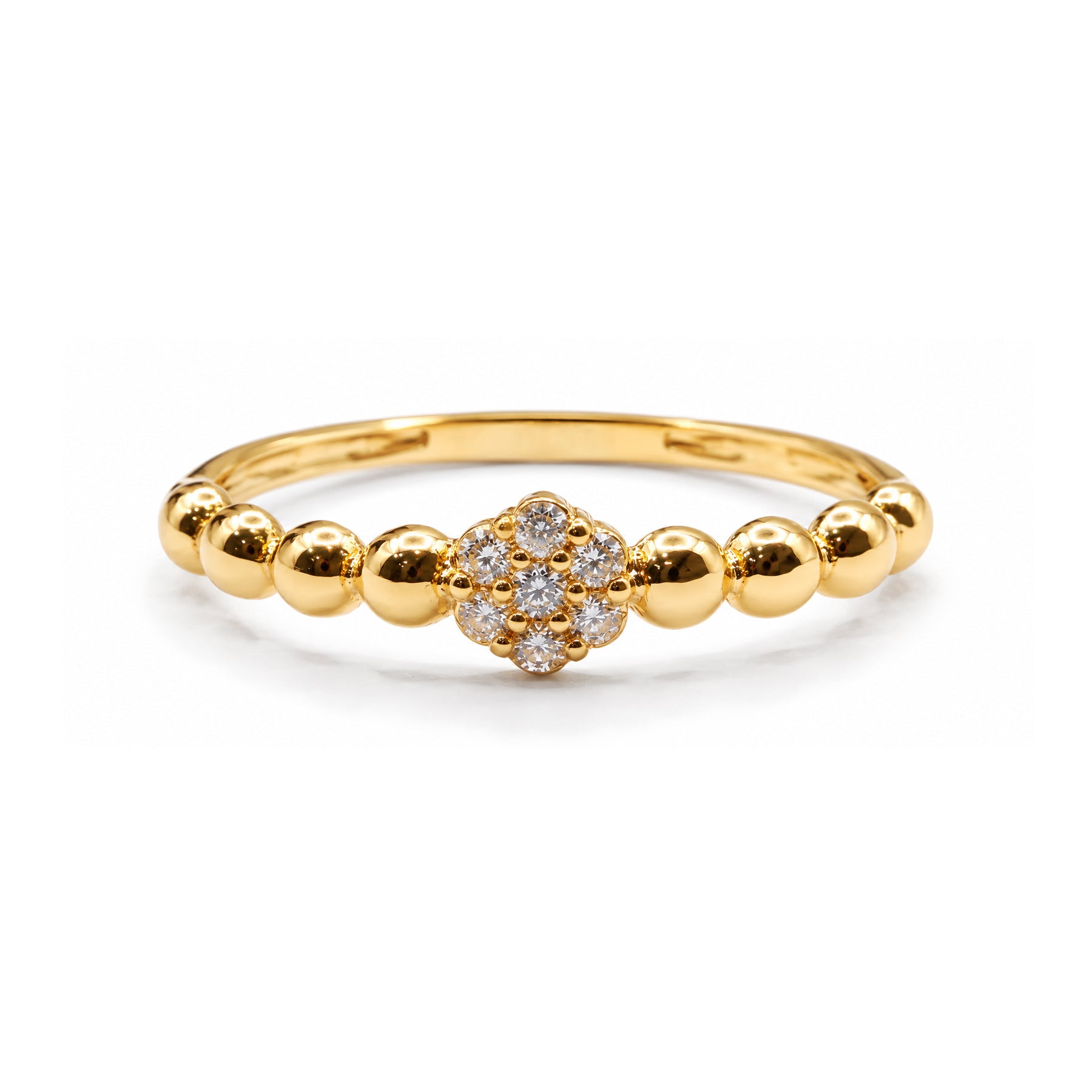 Anillo de oro 18k con rosetón de circonitas y bolas pulidas