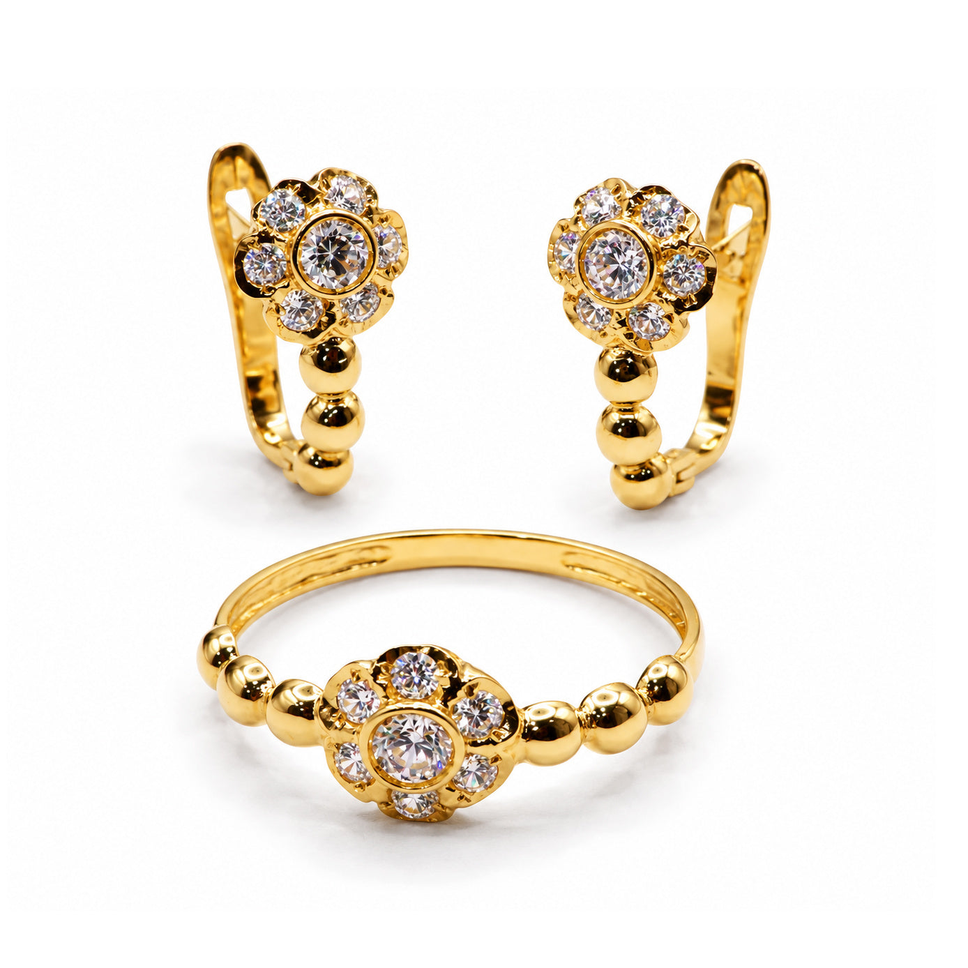 Juego de pendientes y sortija de oro 18k con flor de circonitas y bolas pulidas