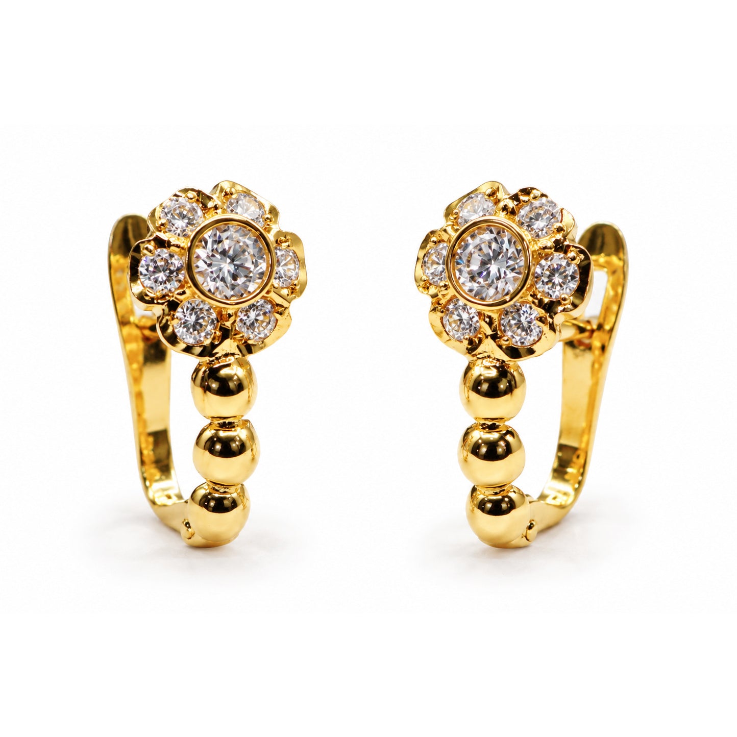 Pendientes de oro 18k con flor de circonitas y laterales de bolas