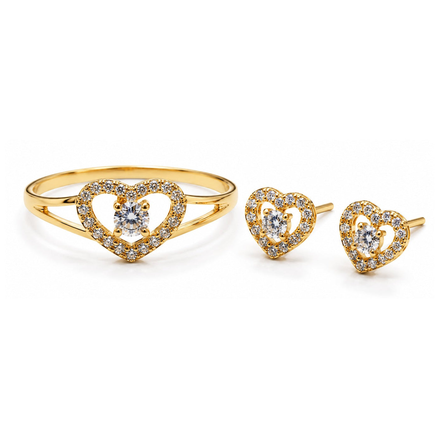 Pendientes y anillo de oro 18k con corazón calado y circonitas, conjunto completo