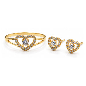 Pendientes y anillo de oro 18k con corazón calado y circonitas, conjunto completo