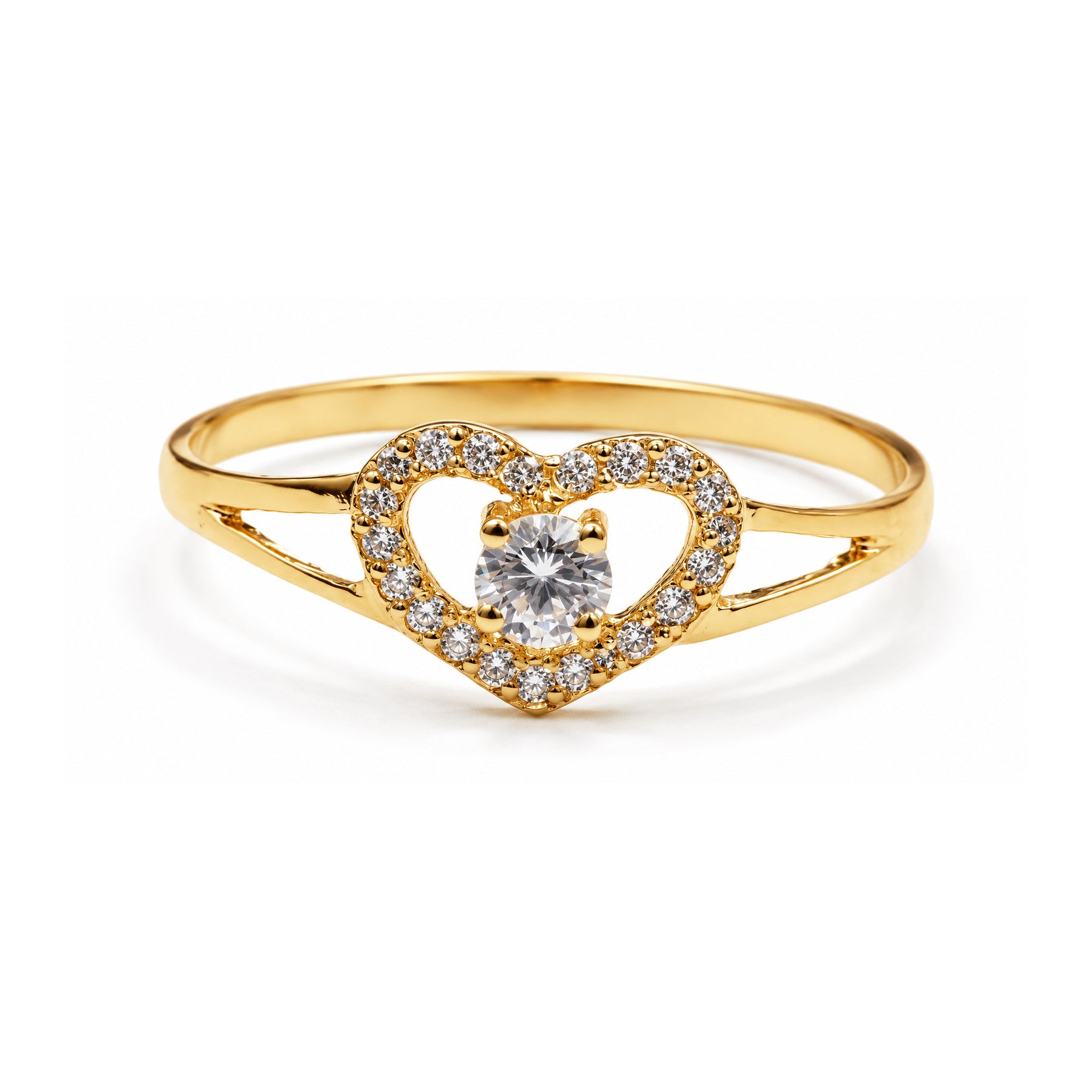 Anillo de oro 18k con corazón de circonitas y hombros abiertos