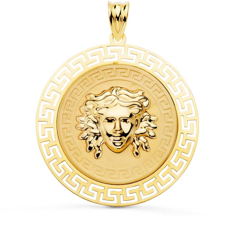 Colgante de oro de ley 18k redondo con medusa y cerco calado