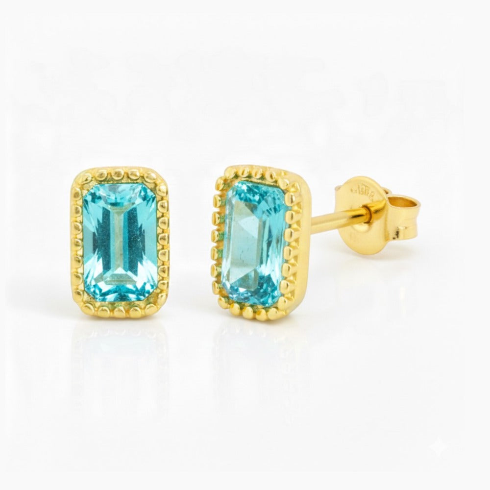 Pendientes oro 9k circonita agua marina octogonal
