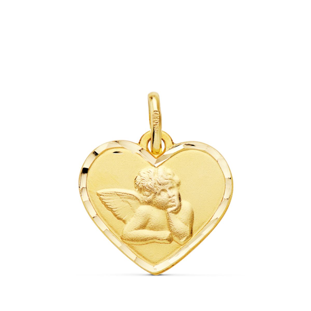 Medalla de oro 18k con forma de corazón, angelito burlón y bordes tallados, 14 mm, sobre fondo blanco