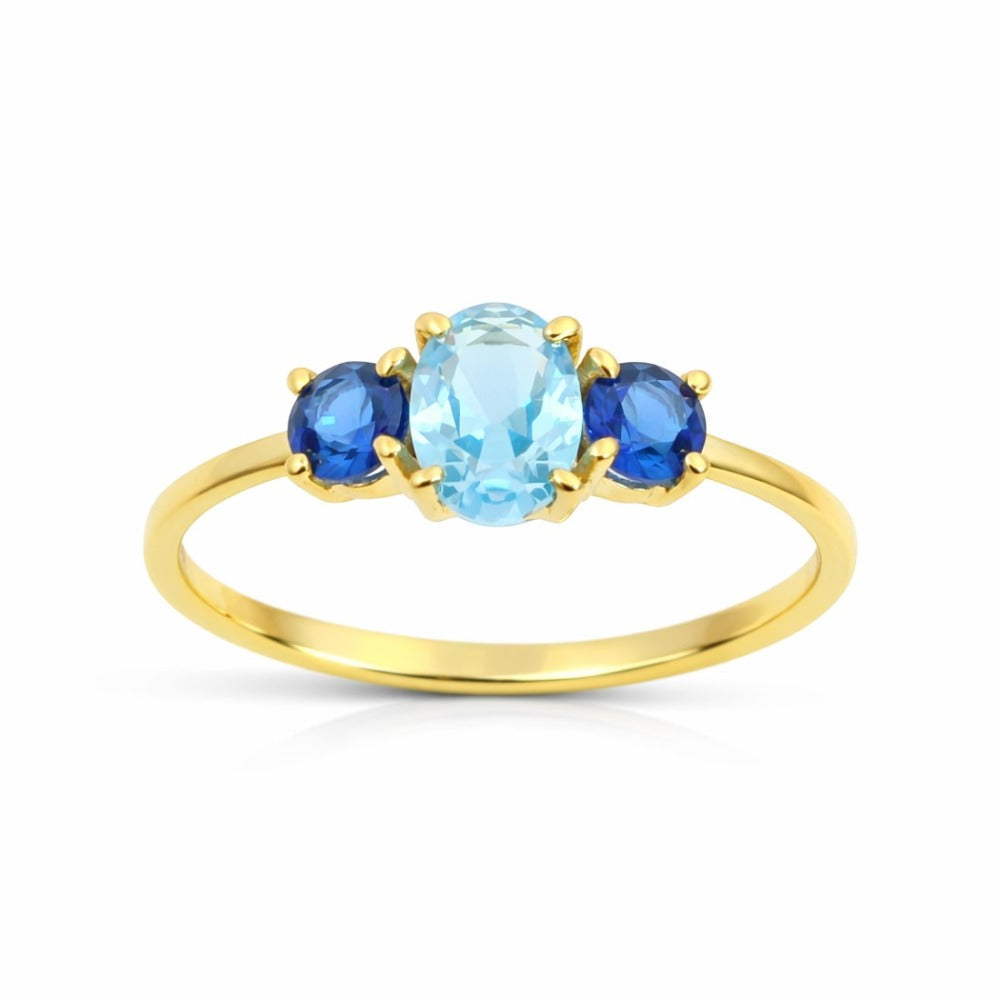 Anillo oro 9k circonita aguamarina y zafiro nano