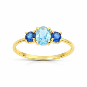 Anillo oro 9k circonita aguamarina y zafiro nano