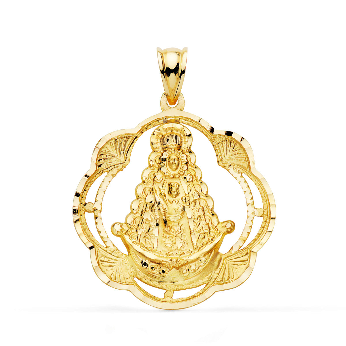 Medalla de la Virgen del Rocío en oro 18k pandereta 30x28 mm