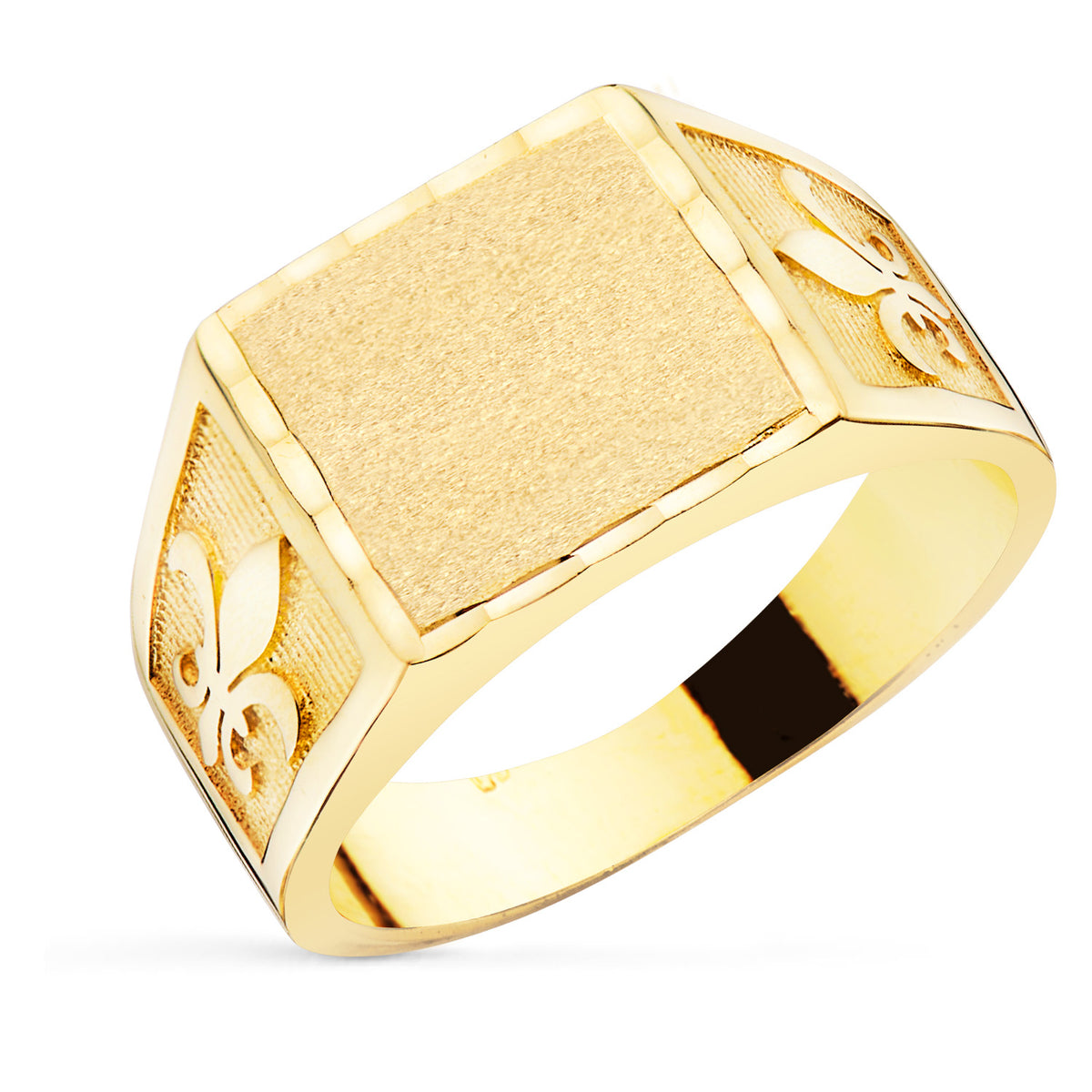 Sello cadete de oro de ley 18k macizo con flor de lis tallada, frente de 11,5x11 mm