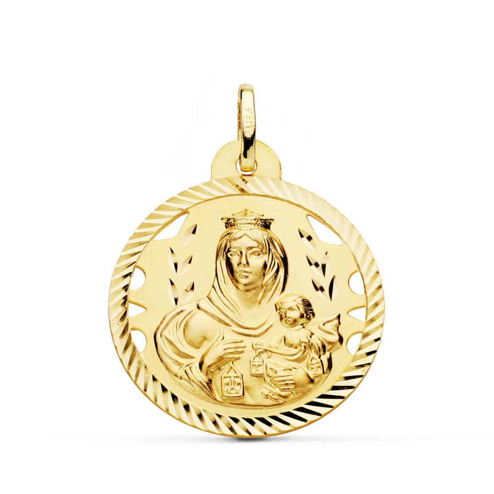 Medalla de la Virgen del Carmen en oro 18k calada con borde hélice 25x26 mm