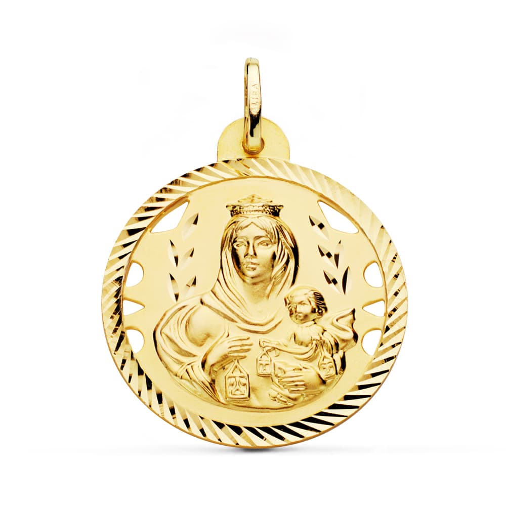 Medalla de la Virgen del Carmen en oro 18k calada con borde hélice 27x28 mm