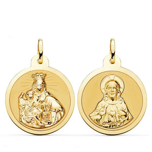 18K MEDALLA REDONDA BRILLO VIRGEN DEL CARMEN Y CORAZÓN DE JESÚS