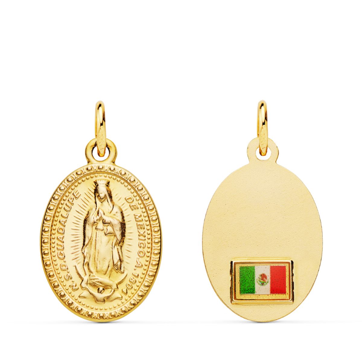 Medalla de la Virgen de Guadalupe en oro 18k oval con bandera 17x14 mm