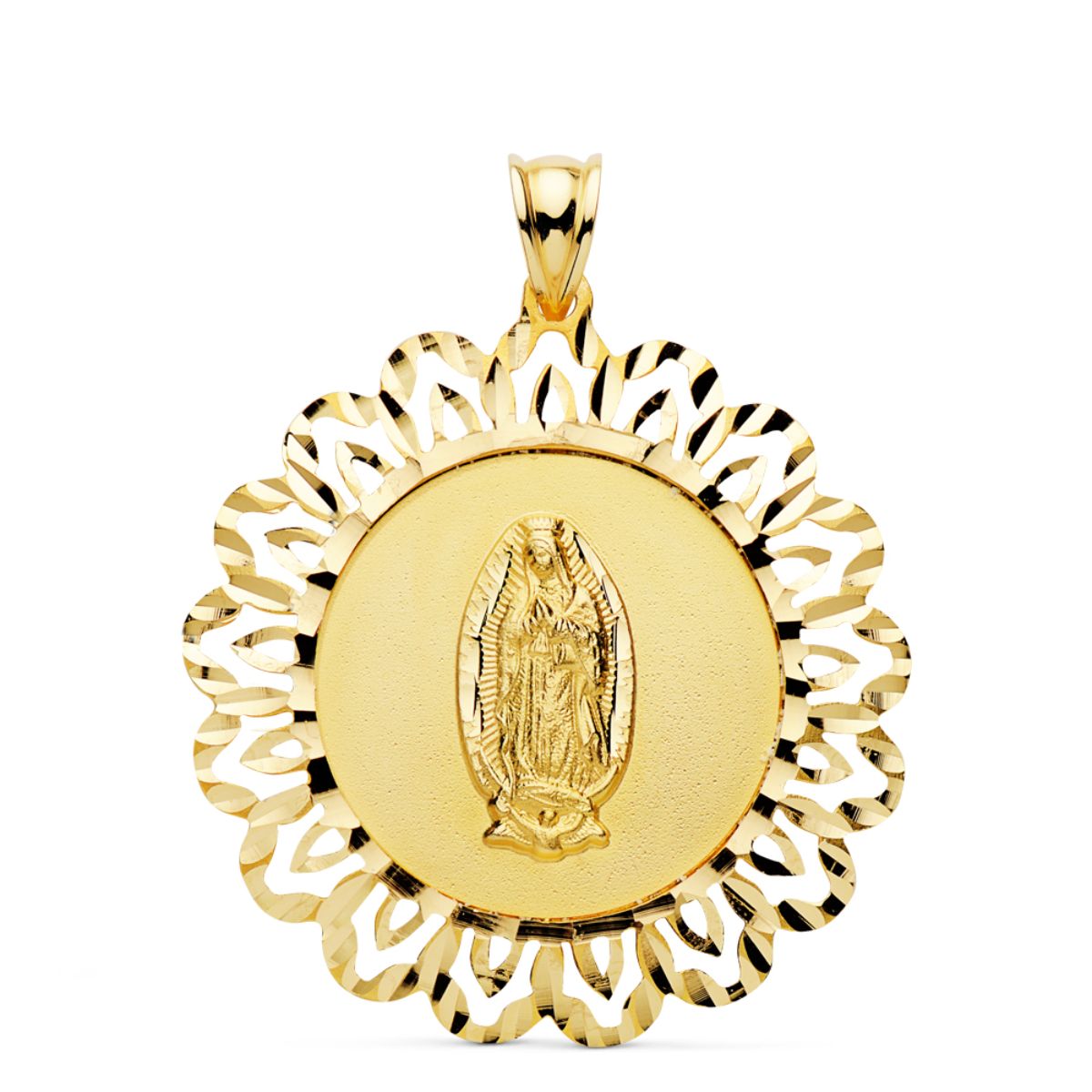 Medalla de la Virgen de Guadalupe en oro 18k cerco tallado 36x34 mm