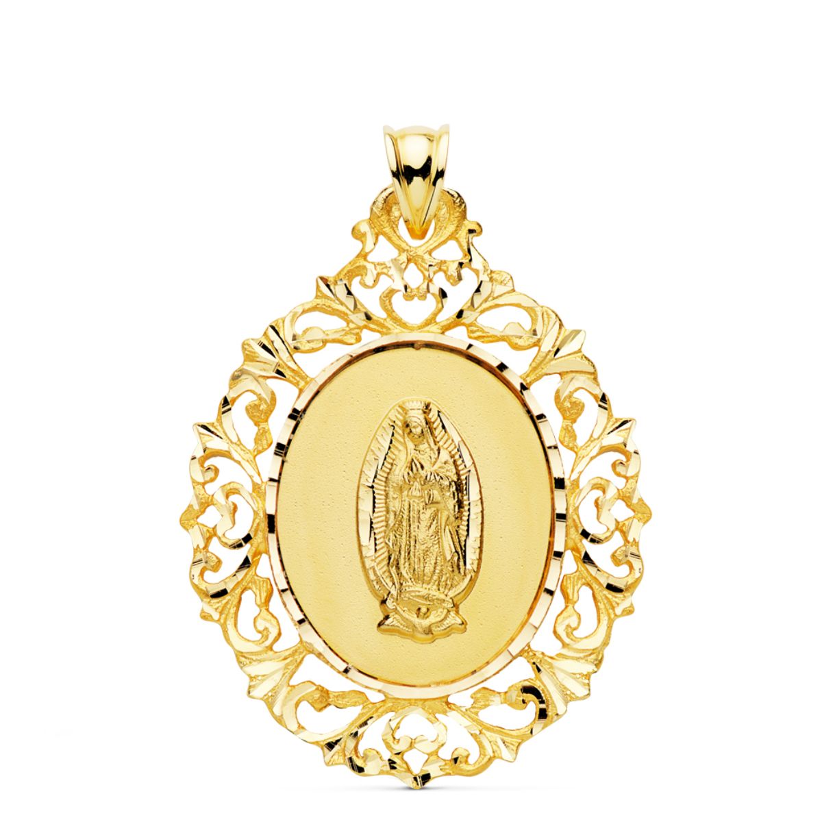 Medalla de la Virgen de Guadalupe en oro 18k cerco de filigrana 38x30 mm