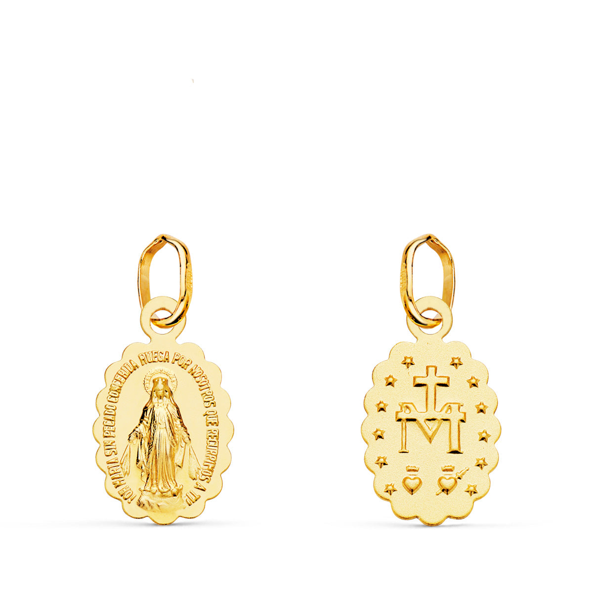 Medalla de la Virgen Milagrosa en oro de ley 18k de 11x9 mm, festoneada y matizada, anverso y reverso