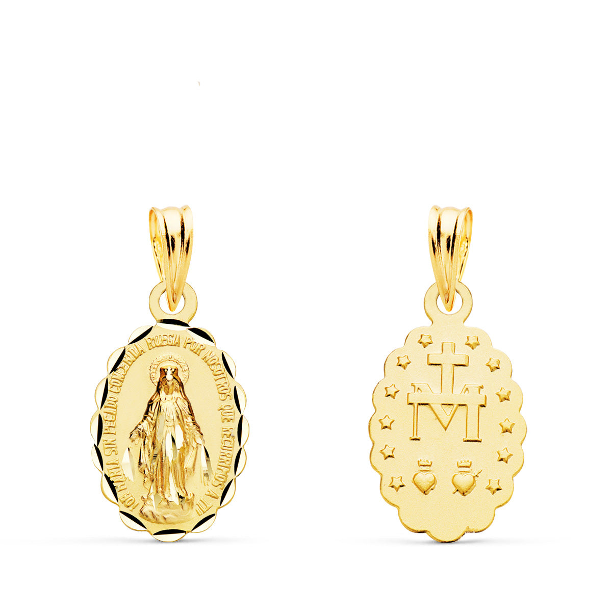 Medalla de la Virgen Milagrosa, en oro de ley 18k de 14x10 mm, anverso y reverso