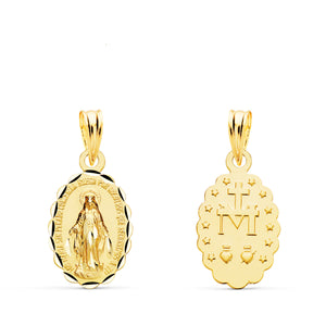 Medalla de la Virgen Milagrosa, en oro de ley 18k de 14x10 mm, anverso y reverso