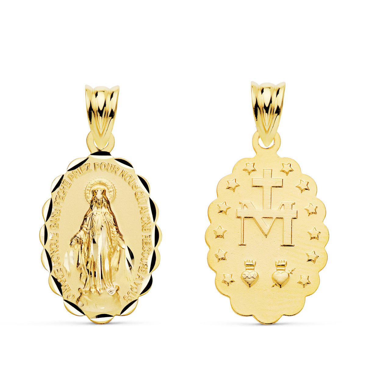 Medalla de la Virgen Milagrosa, en oro de ley 18k de 19x15 mm, anverso y reverso