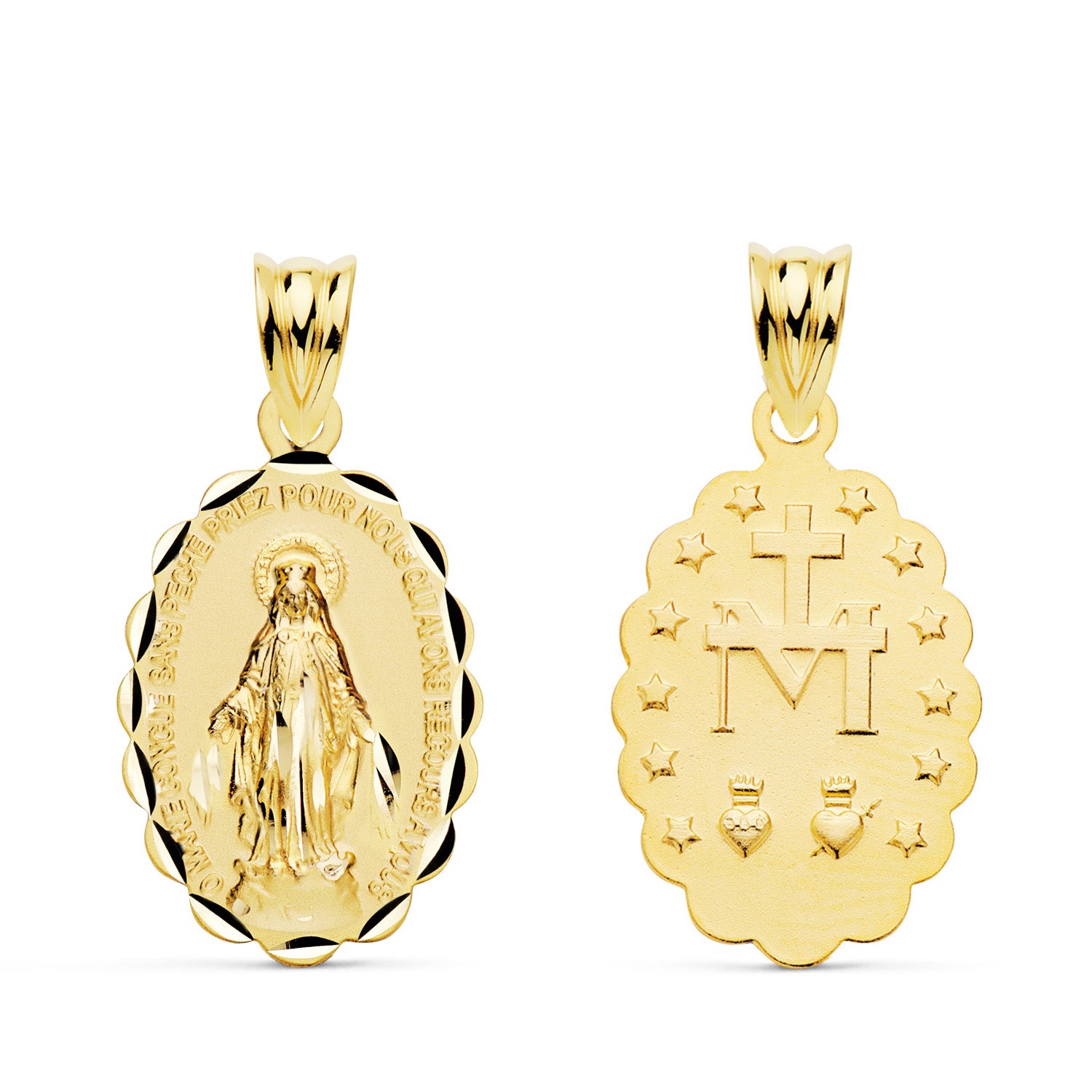 Medalla de la Virgen Milagrosa, en oro de ley 18k de 19x15 mm, anverso y reverso