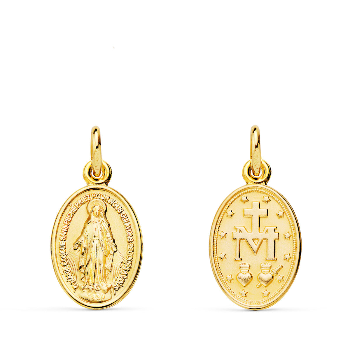 Medalla de la Virgen Milagrosa, en oro de ley 18k de 16x10 mm, anverso y reverso