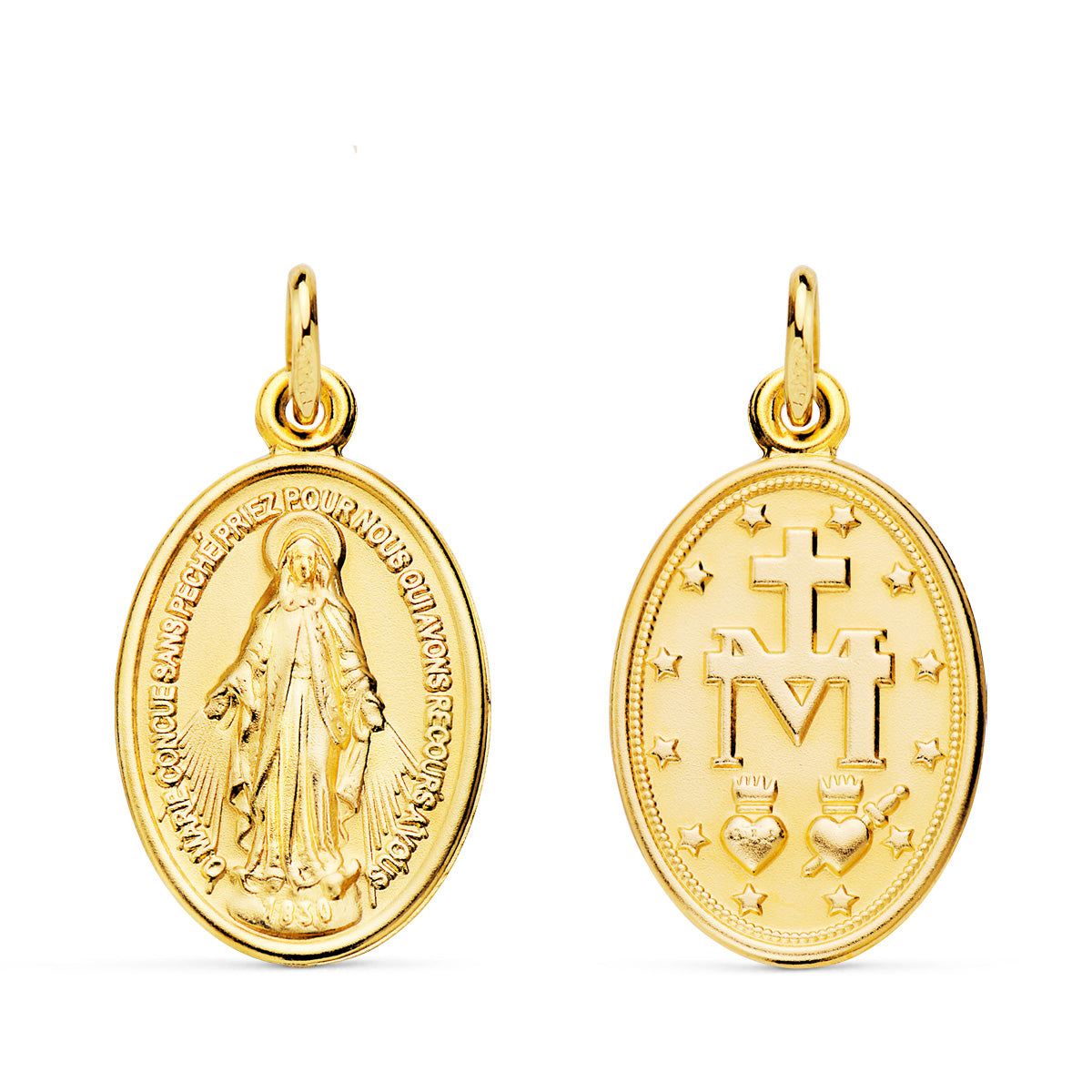 Medalla de la Virgen Milagrosa, en oro de ley 18k de 23x14 mm, anverso y reverso