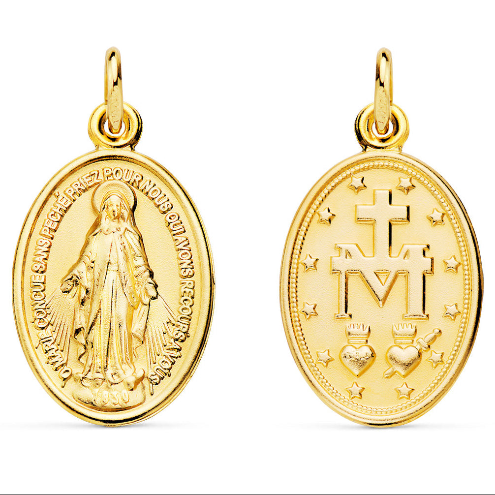 Medalla de la Virgen Milagrosa, en oro de ley 18k de 28x18 mm, anverso y reverso