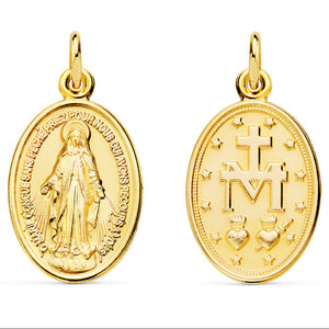 Medalla de la Virgen Milagrosa, en oro de ley 18k de 28x18 mm, anverso y reverso