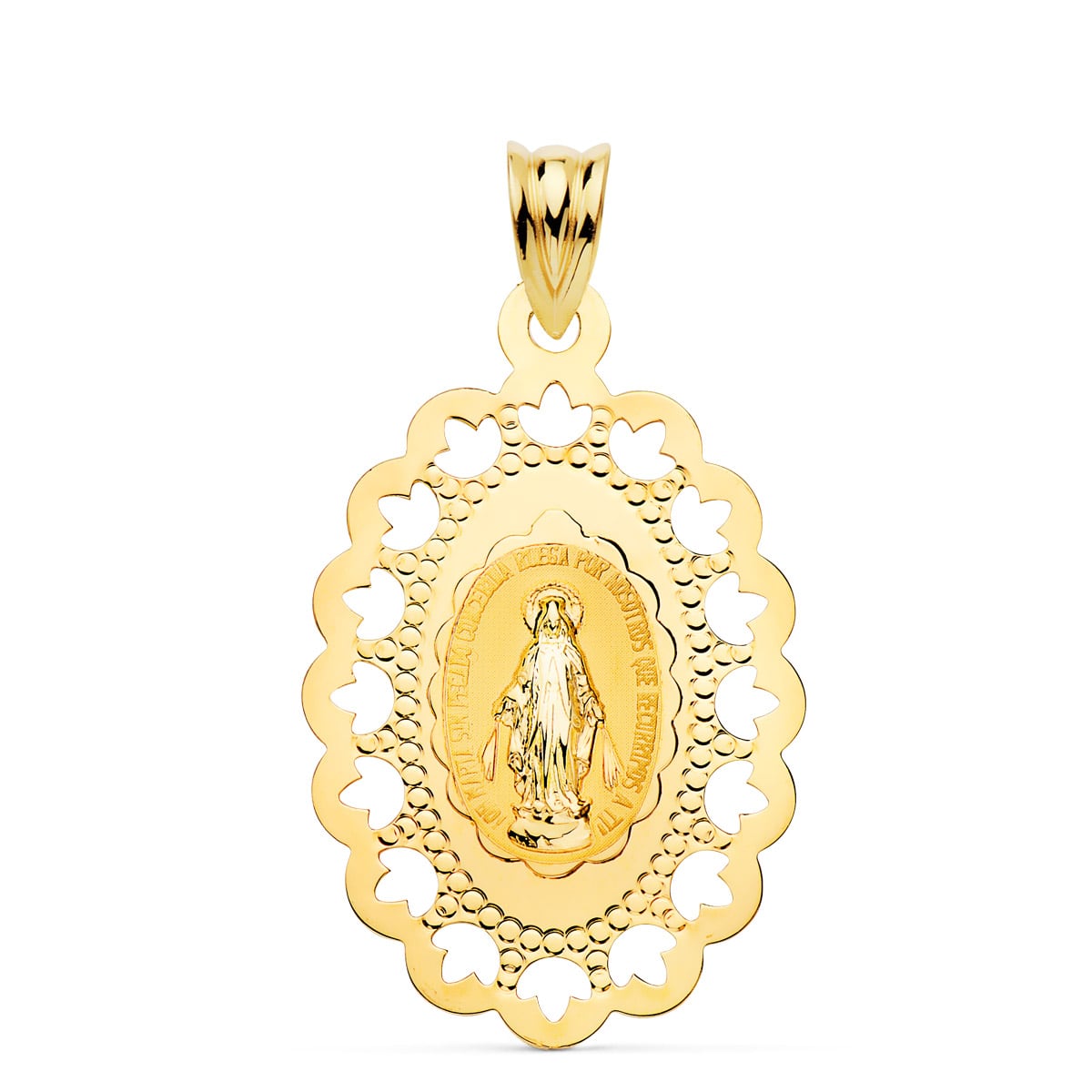 Medalla de la Virgen Milagrosa en oro de ley 18k de 33x22 mm, festoneada con orla de corazones
