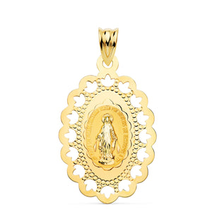Medalla de la Virgen Milagrosa en oro de ley 18k de 33x22 mm, festoneada con orla de corazones