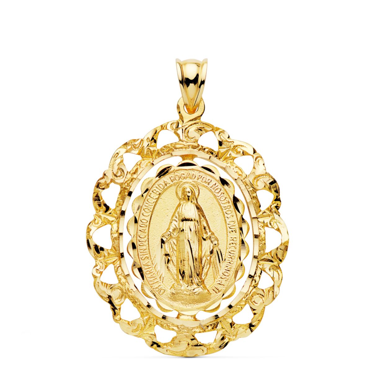Medalla de la Virgen Milagrosa en oro de ley 18k de 29x25 mm con orla calada de corazones, anverso