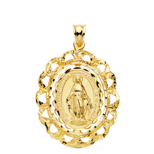 Medalla de la Virgen Milagrosa en oro de ley 18k de 29x25 mm con orla calada de corazones, anverso