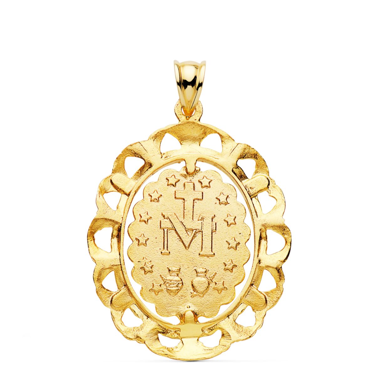 Reverso de la medalla de la Virgen Milagrosa en oro de ley 18k de 29x25 mm, con la cruz sobre la M, las estrellas y los dos corazones