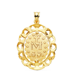 Reverso de la medalla de la Virgen Milagrosa en oro de ley 18k de 29x25 mm, con la cruz sobre la M, las estrellas y los dos corazones