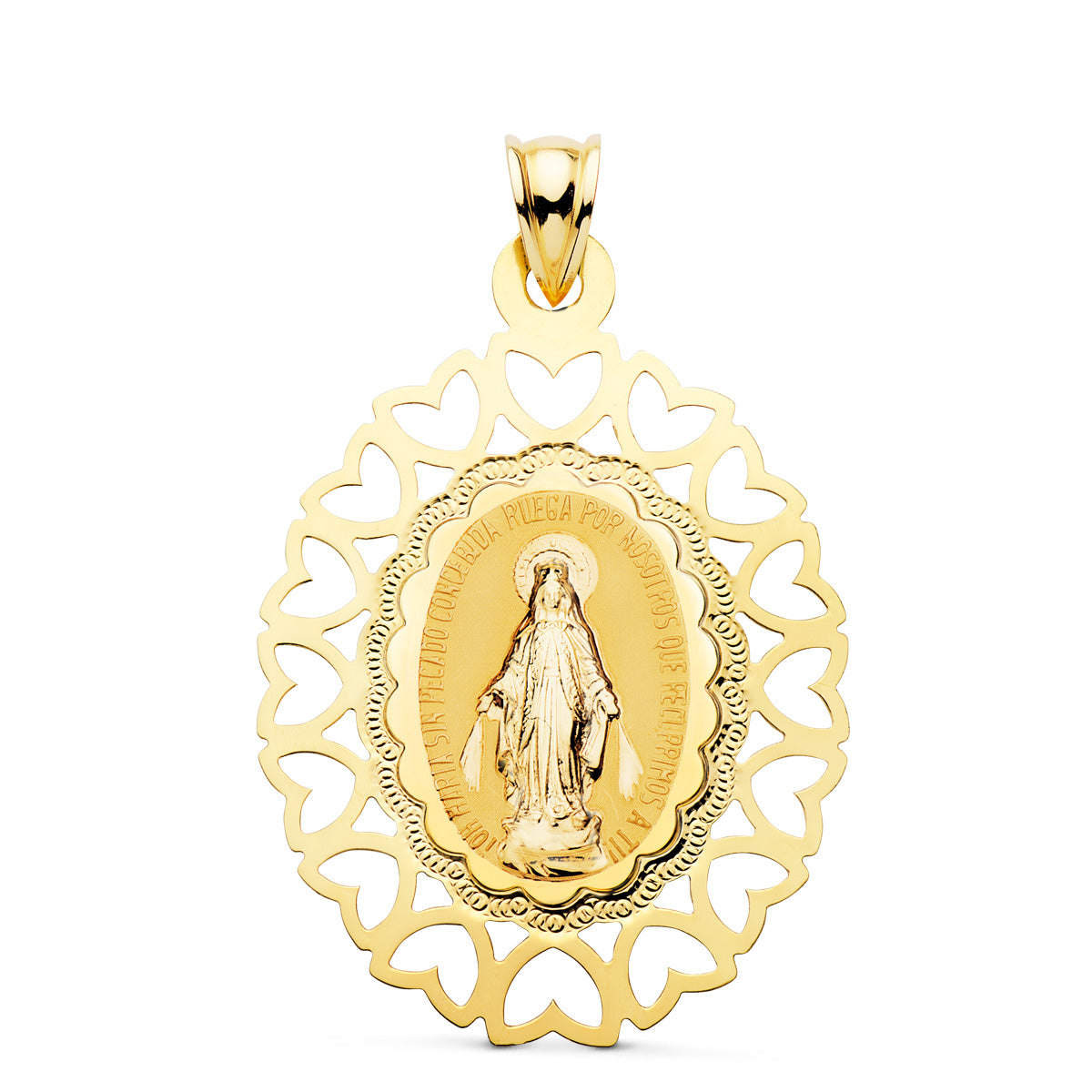 Medalla de la Virgen Milagrosa en oro de ley 18k de 39x33 mm con cerco calado de corazones