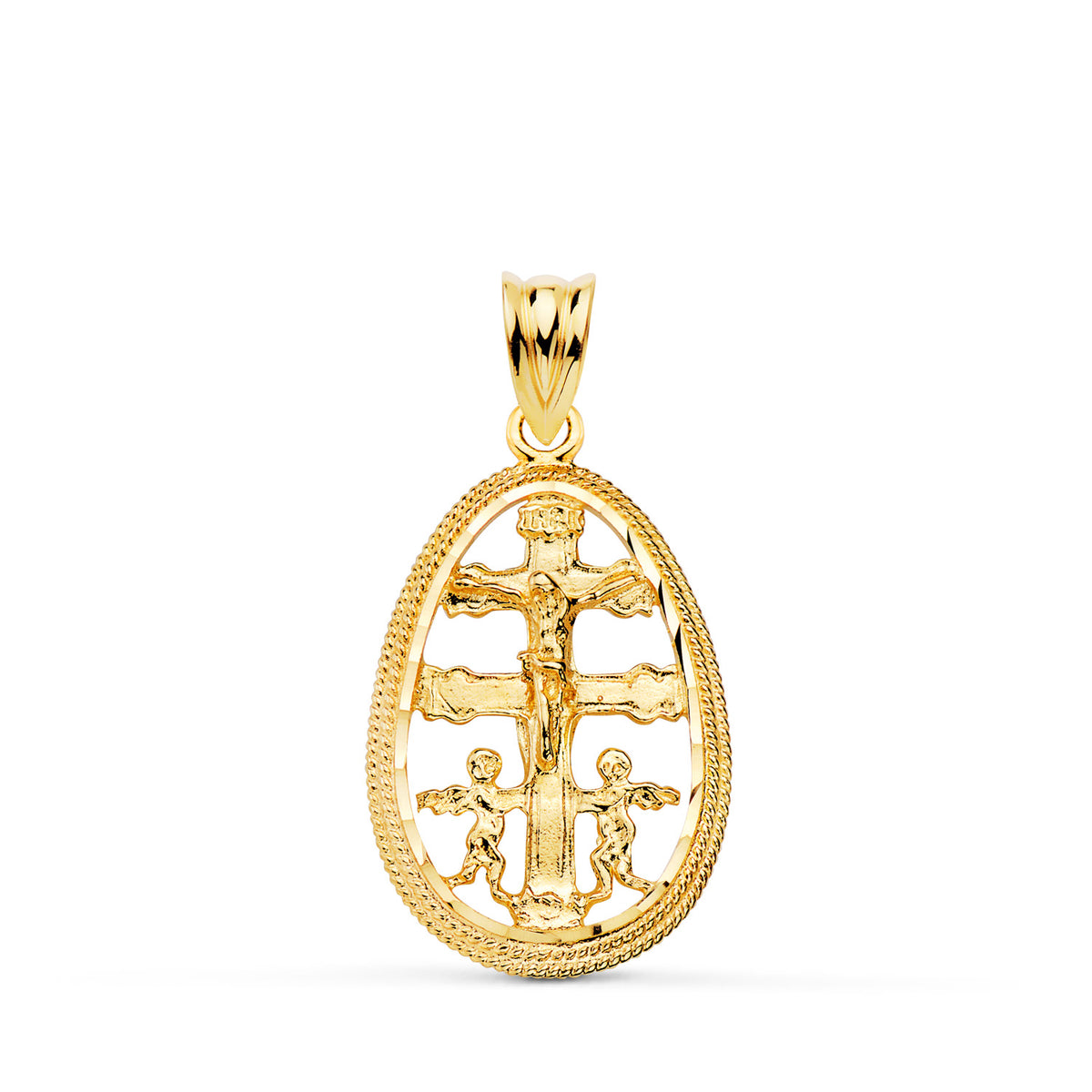 Colgante cruz de caravaca de oro 18k con cerco ovalado tallado 22x16 mm