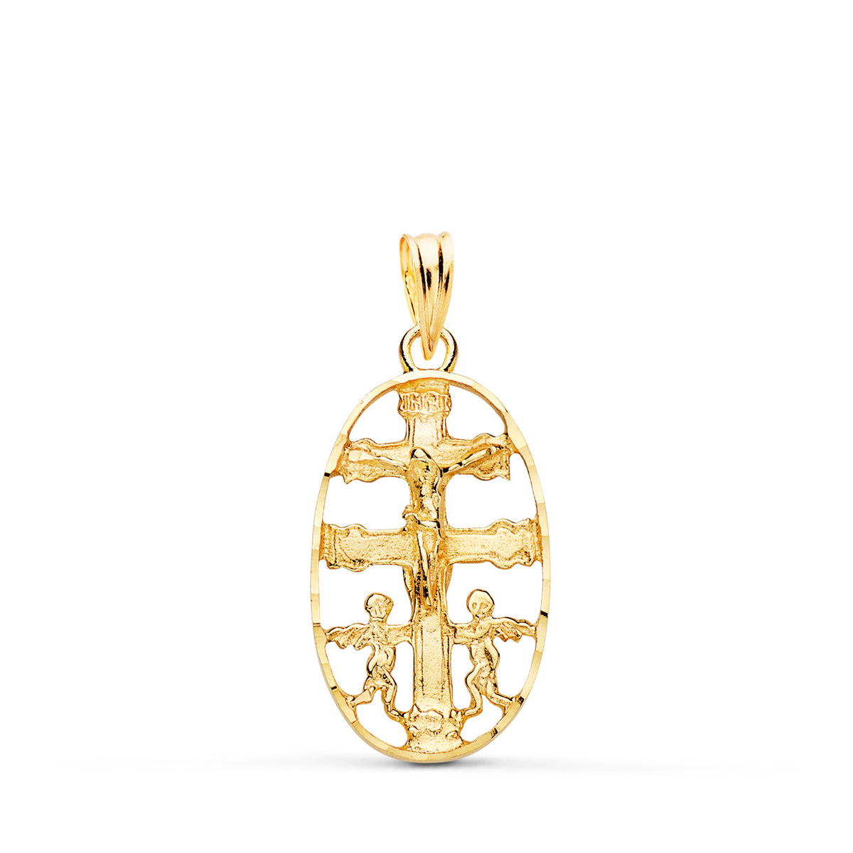 Cruz de caravaca de oro 18k con cerco ovalado tallado 24x13 mm