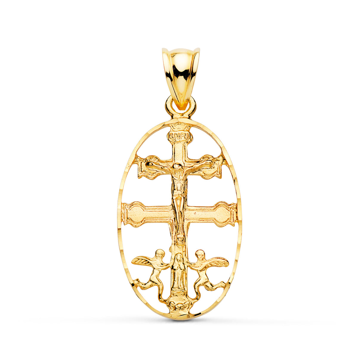 Cruz de caravaca de oro 18k con cerco ovalado tallado 26x17 mm