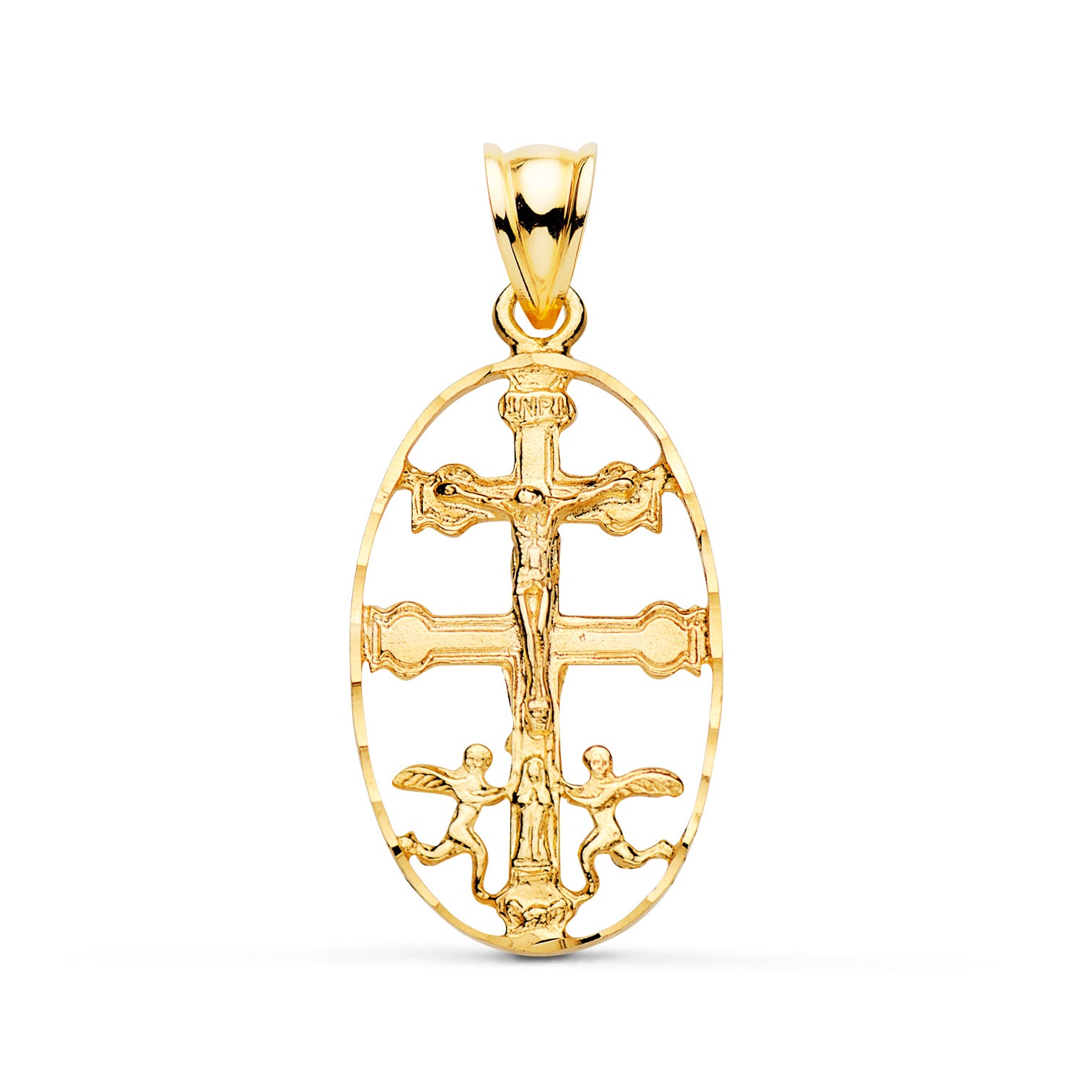 Cruz de caravaca de oro 18k con cerco ovalado tallado 26x17 mm
