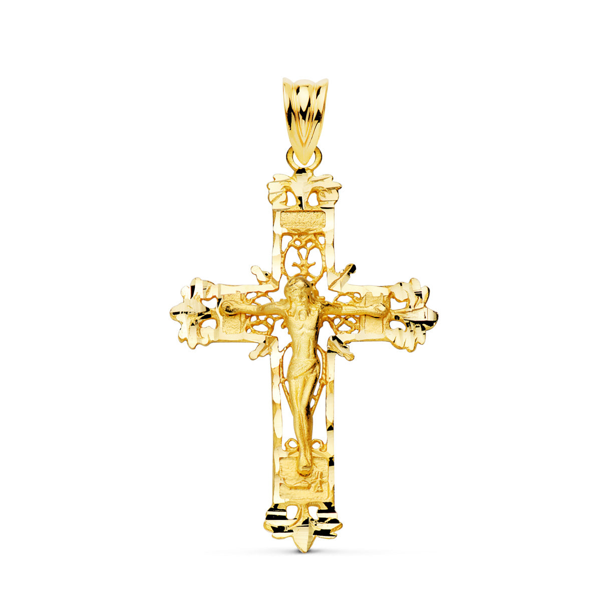 Crucifijo de oro de 18 quilates de filigrana tallada, de 35 mm de alto y 24 mm de ancho