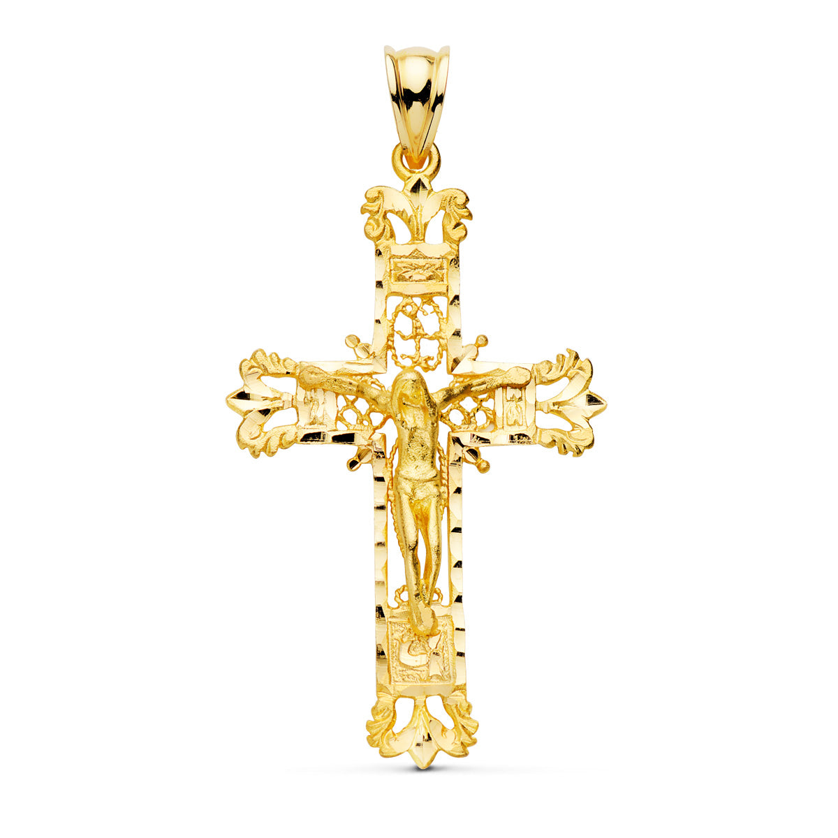 Crucifijo de oro de 18 quilates de filigrana tallada, de 41 mm de alto y 27 mm de ancho