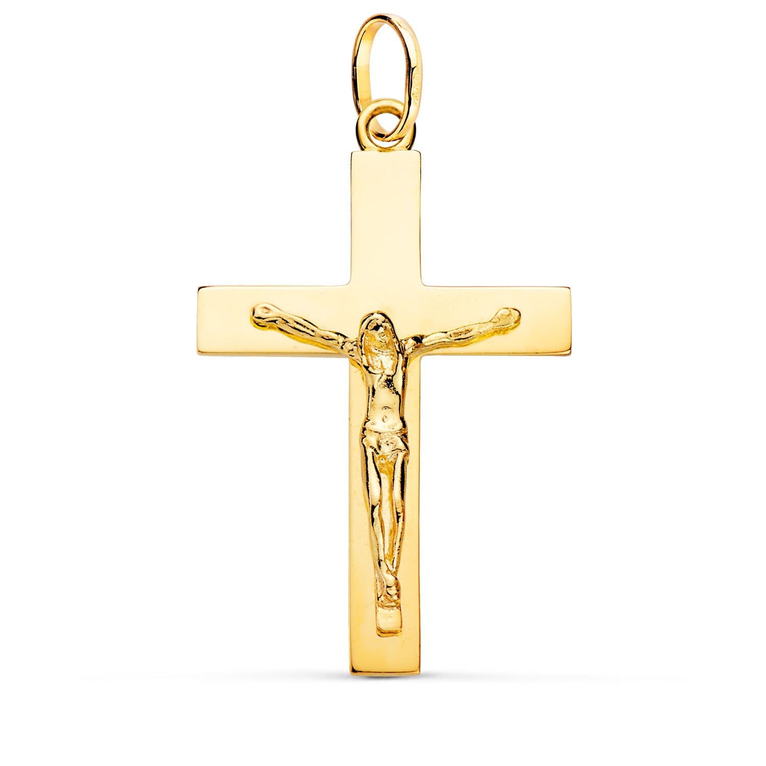 Crucifijo macizo de oro de 18 quilates de palo rectangular en brillo, de 37 mm de alto y 24 mm de ancho