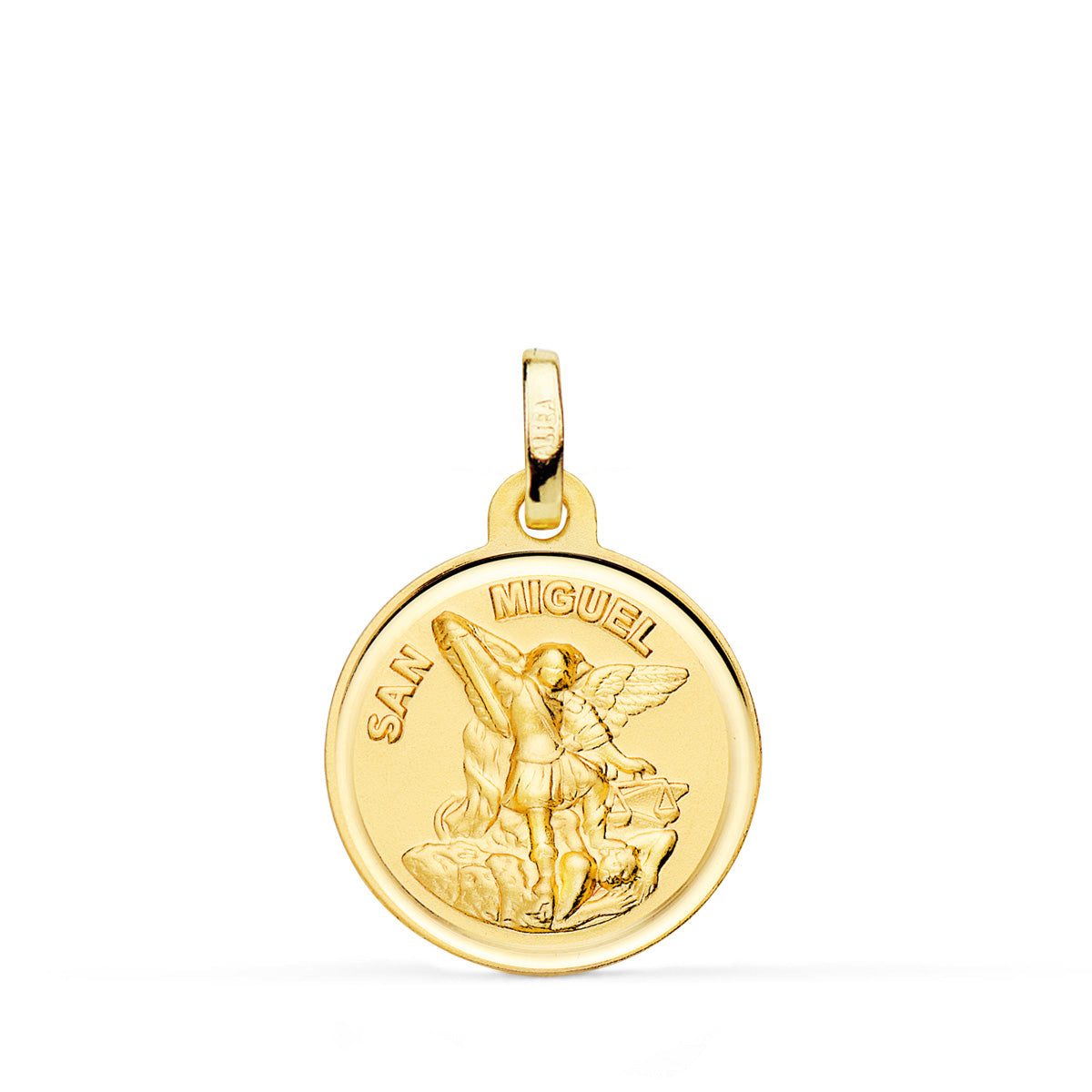 Medalla de San Miguel Arcángel en oro de 18 quilates con bisel y letras grabadas en el cerco, de 18 mm