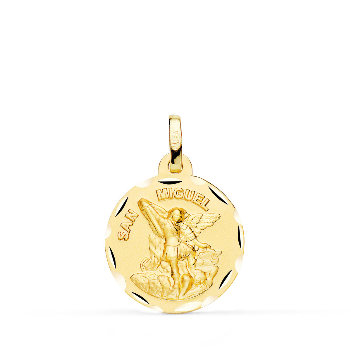 Medalla de San Miguel Arcángel en oro de 18 quilates con el cerco tallado, de 18 mm