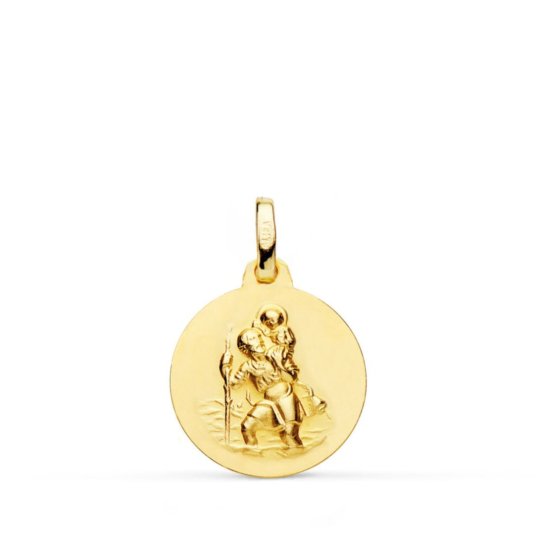 Medalla de San Cristóbal en oro de 18 quilates lisa y matizada, de 16 mm