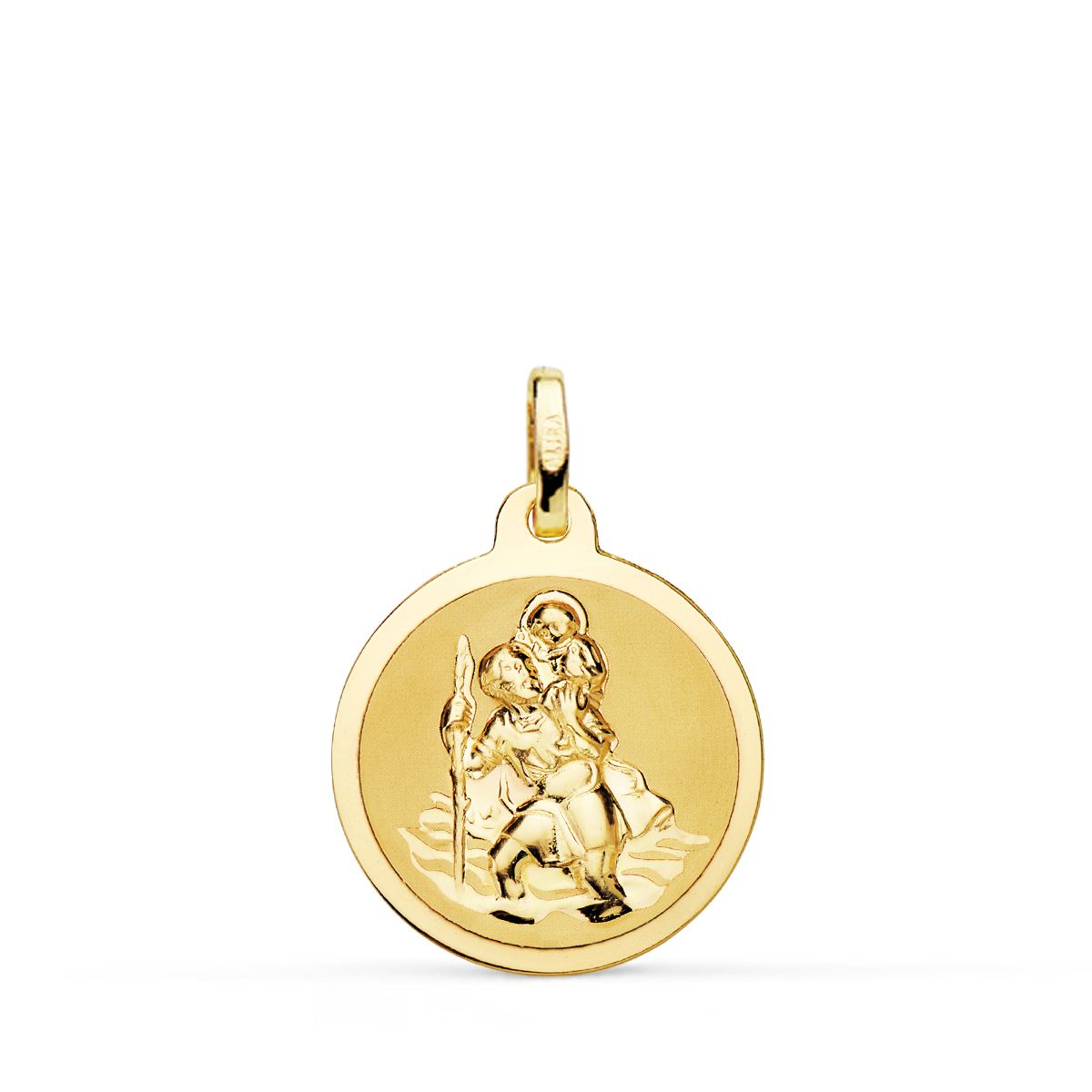 Medalla de San Cristóbal en oro de 18 quilates con acabado brillo y el fondo matizado, de 18 mm
