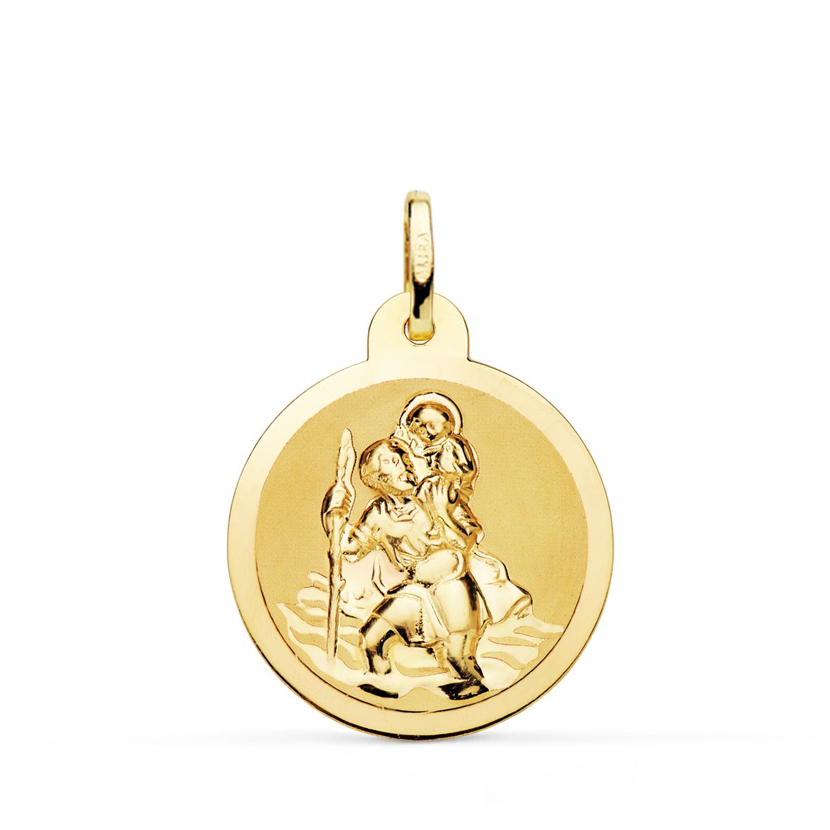 Medalla de San Cristóbal en oro de 18 quilates con acabado brillo y el fondo matizado, de 22 mm