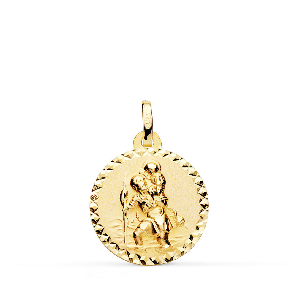 Medalla de San Cristóbal en oro de 9 quilates con el cerco de talla cruzada, de 16 mm