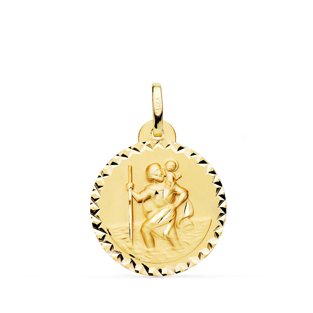 Medalla de San Cristóbal en oro de 18 quilates con el cerco de talla cruzada, de 20 mm